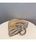 Straw bag with rhinestone handle heart