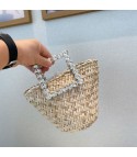 Straw bag with rhinestone handle heart