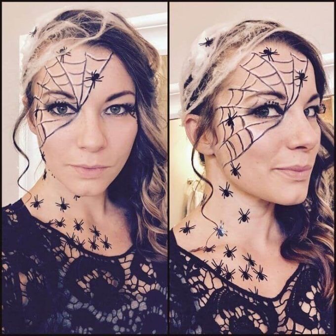 Trucco Halloween facile ragnatela sull'occhio con ragni finti