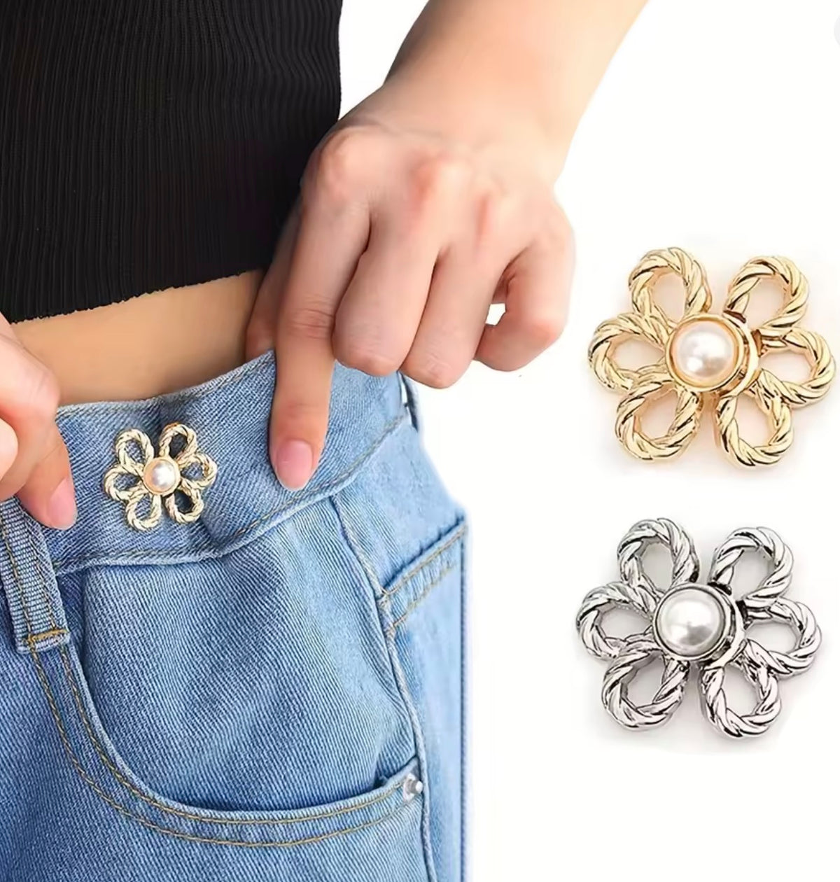 Clips stringi vita indossate sui jeans — fiore con perla oro e argento | Dream Shop