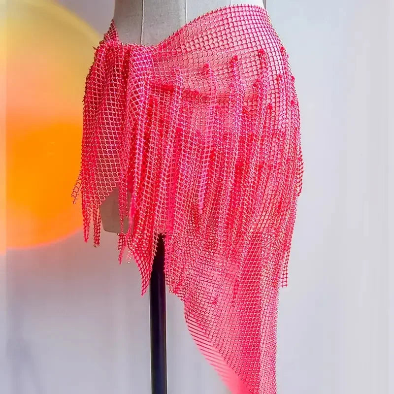 Gonna-pareo strass con frange Rosso rosa | Dream Shop