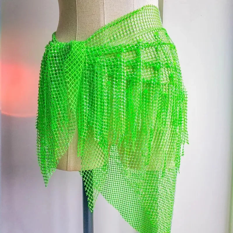 Gonna-pareo strass con frange Verde fluorescente | Dream Shop