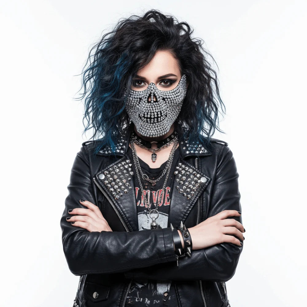 Mujer con media máscara calavera plateada con estrás punk — Dream Shop