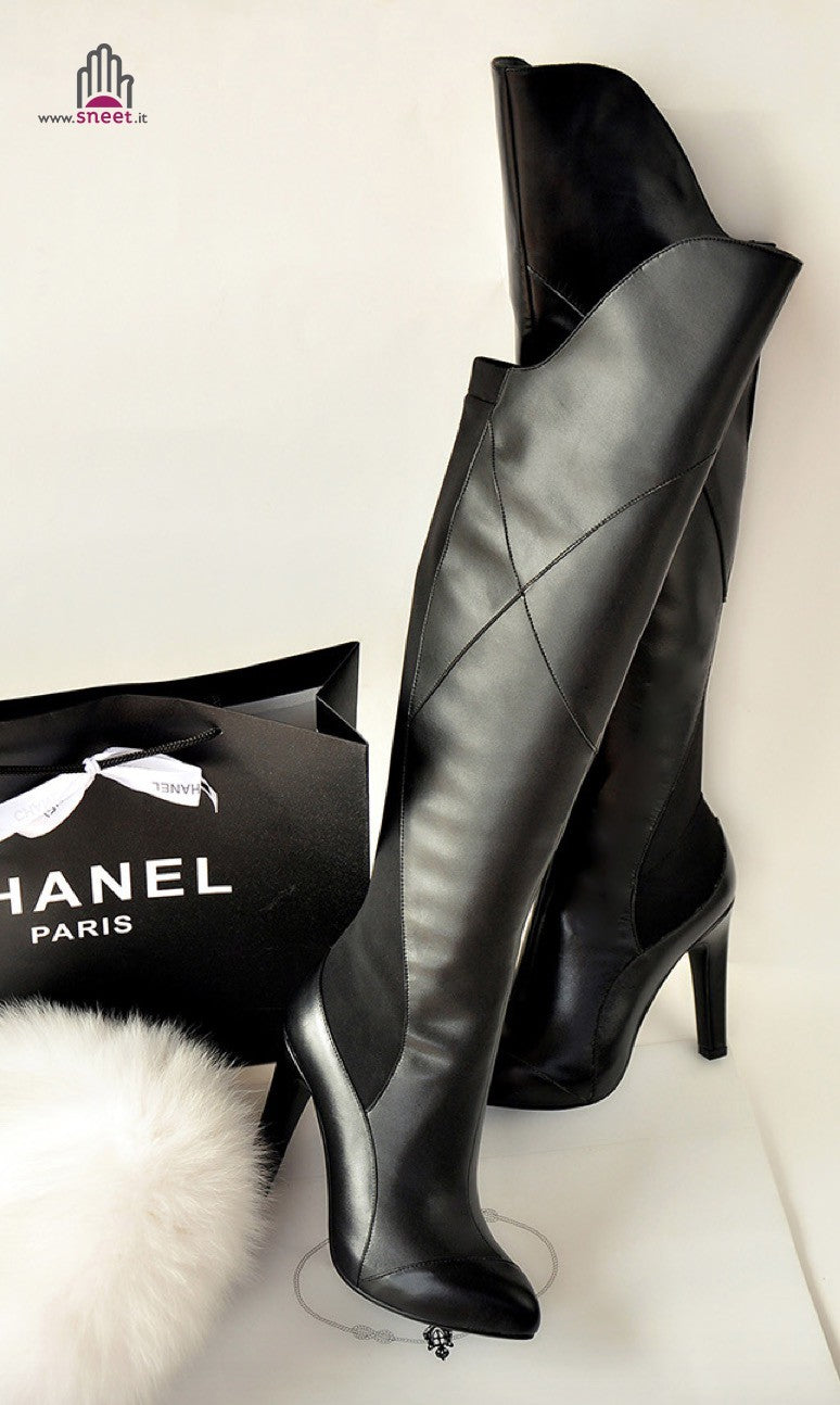 Bota de cuero de caña alta, 52 cm de altura, tacón de 10 cm