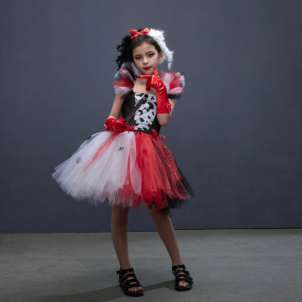 Costume dama dalmata bambina 
Abito tutù glamour con guanti