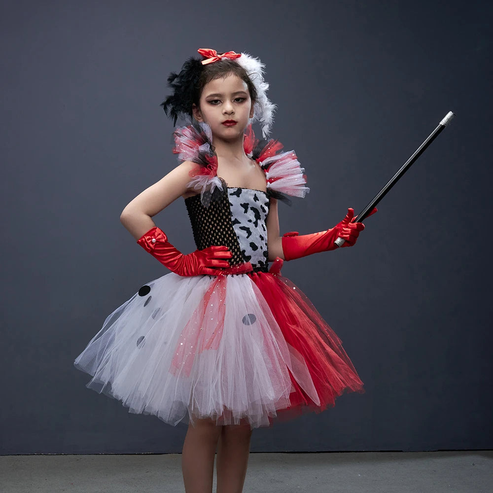 Costume dama dalmata bambina 
Abito tutù glamour con guanti