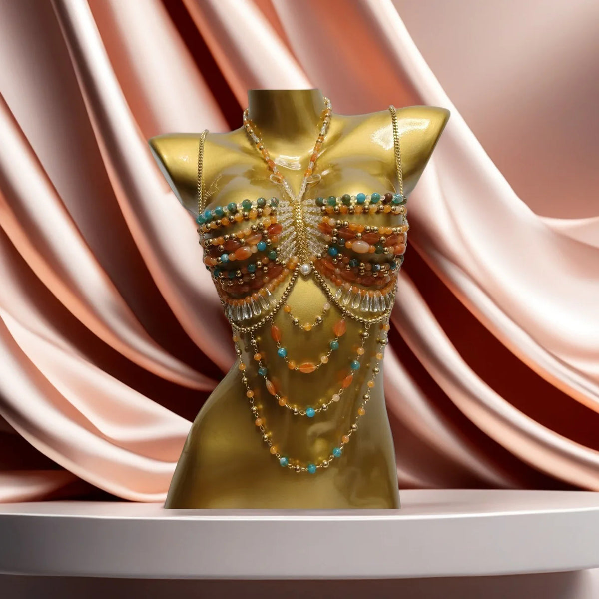 Top gemme colorate — esposto su busto dorato con drappo di seta | Dream Shop