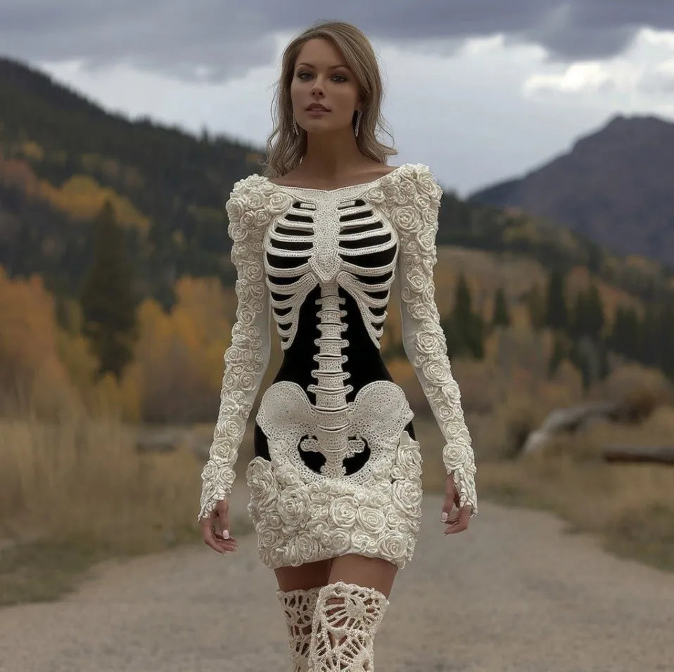 Skeleton bodycon dress with bones 
3D printed skeleton and roses minidress