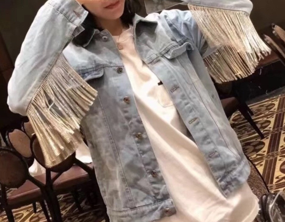 Giubbino jeans fringe strass