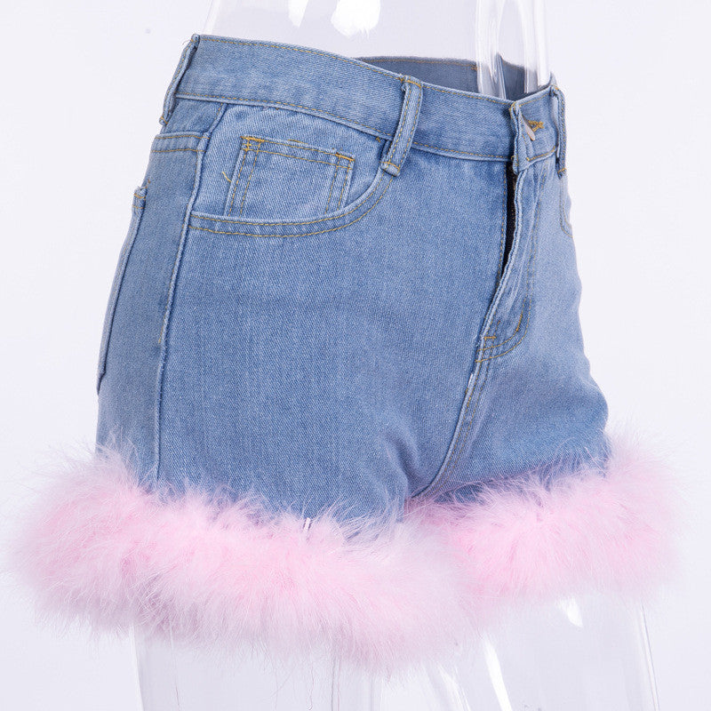 Shorts denim piume froufrou