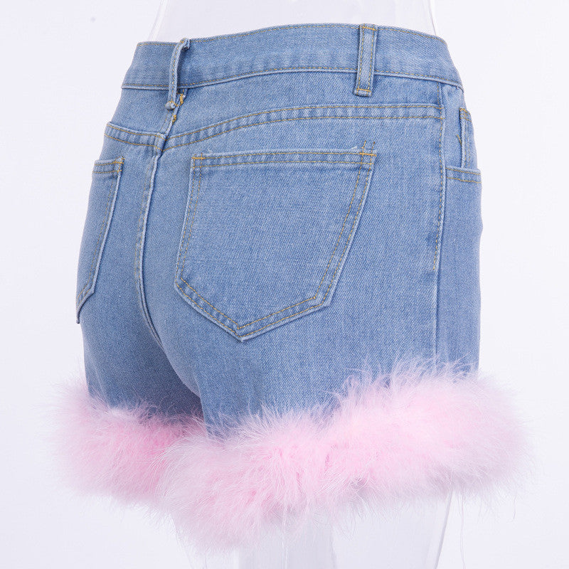 Shorts denim piume froufrou