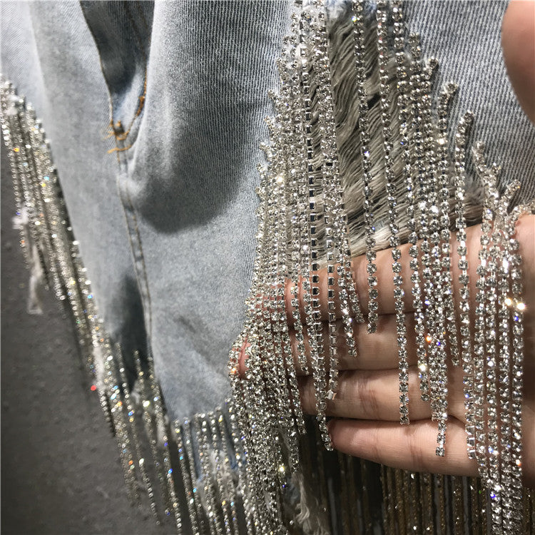 Shorts denim frange in strass