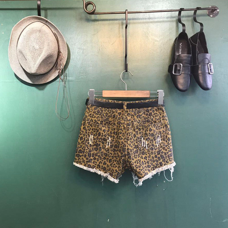 Shorts leopardato denim sfrangiato