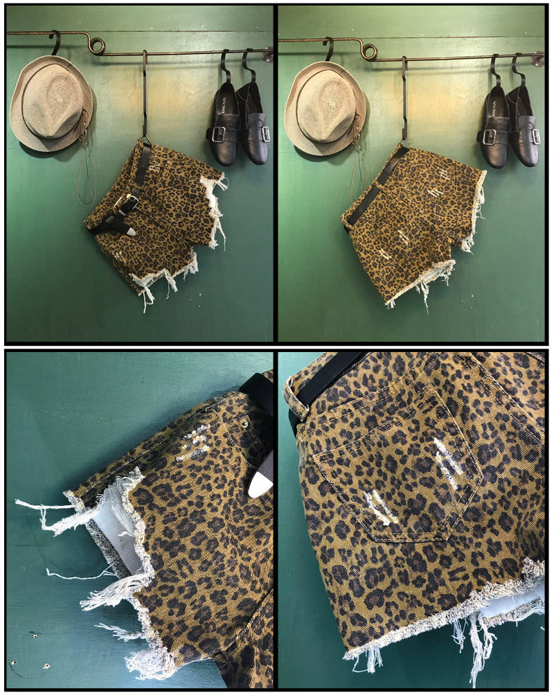 Shorts leopardato denim sfrangiato