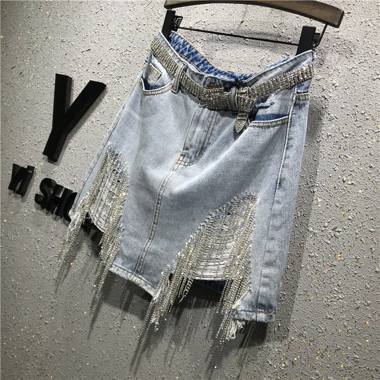 Minigonna denim frange in strass