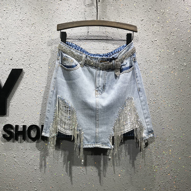 Minigonna denim frange in strass
