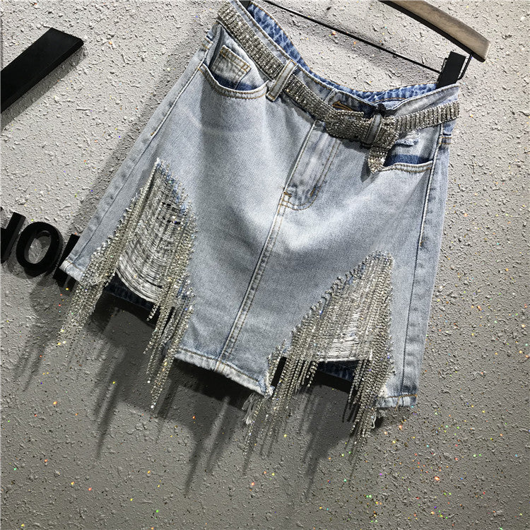 Minigonna denim frange in strass