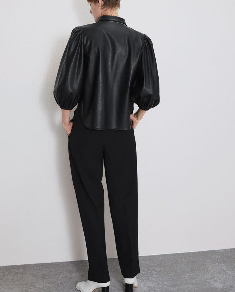 Camicia ecopelle maniche a sbuffo