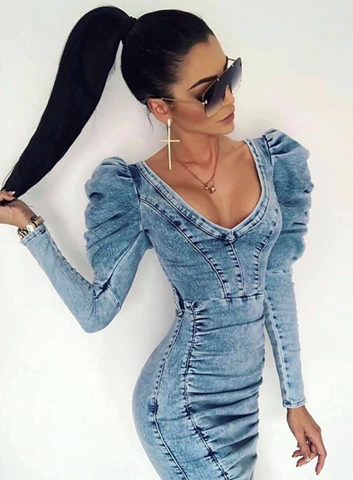 Abito denim puff sleeve