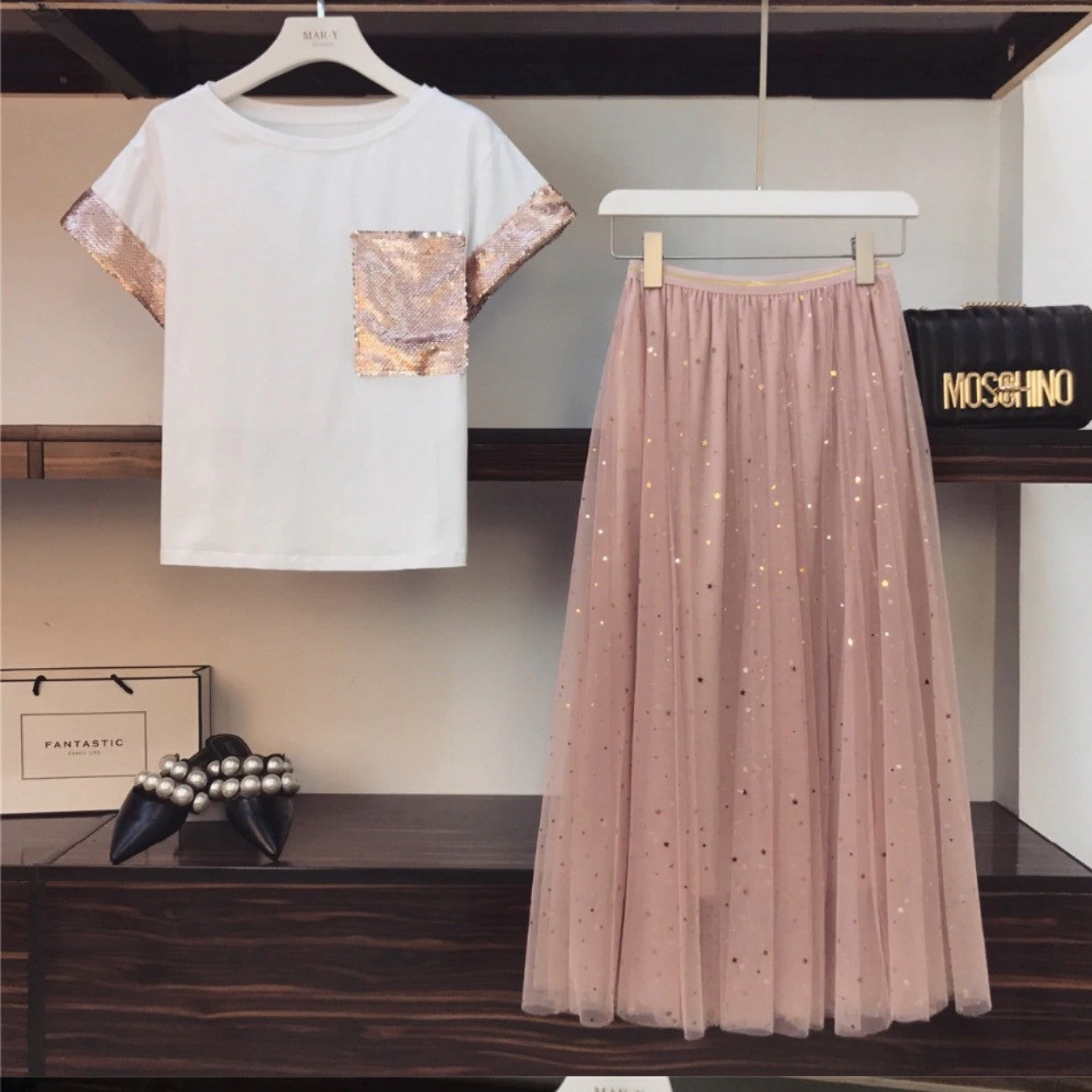 Completo pailettes rosa Wanda