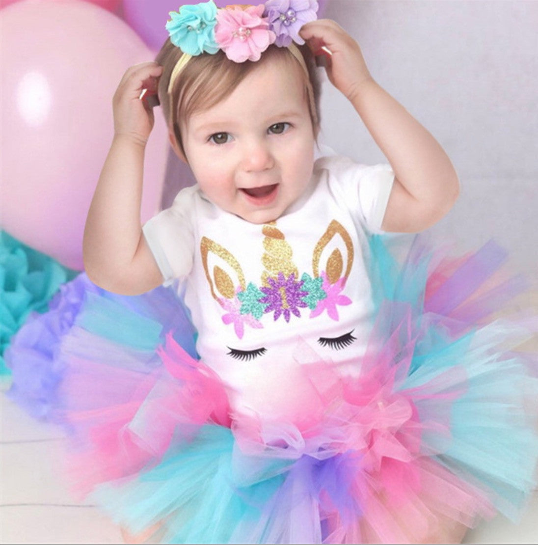 Completino bimba unicorn rainbow gonna tulle