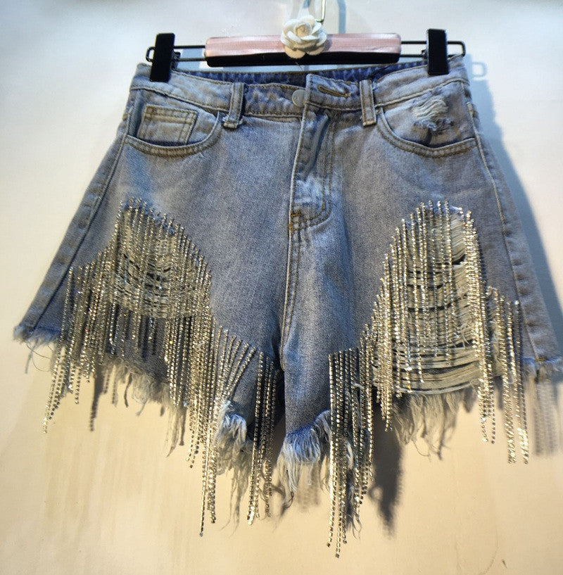 Shorts denim frange in strass
