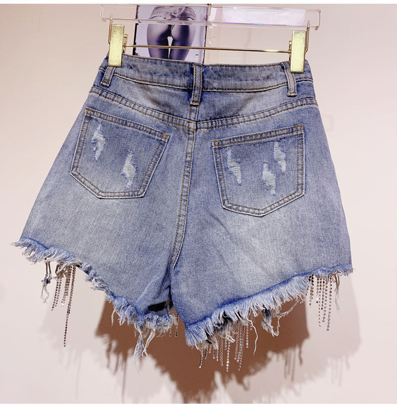 Shorts denim frange in strass