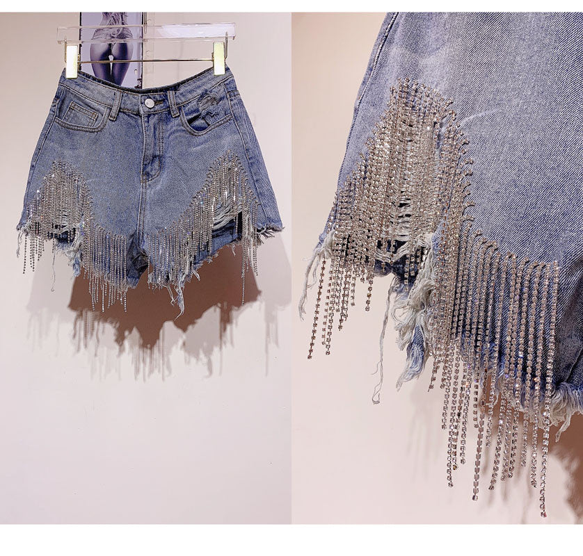 Shorts denim frange in strass