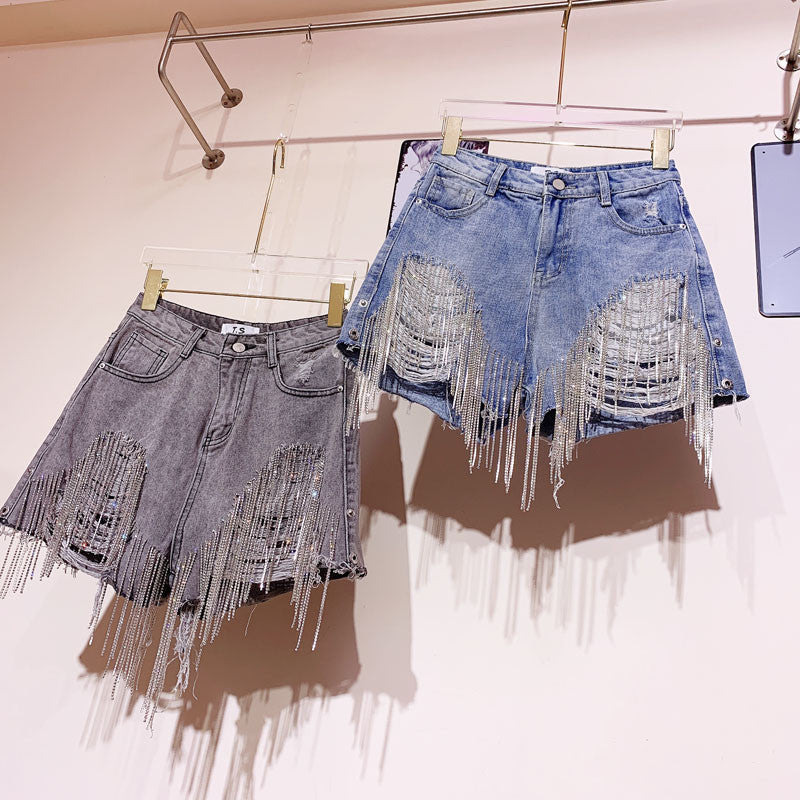 Shorts denim frange in strass