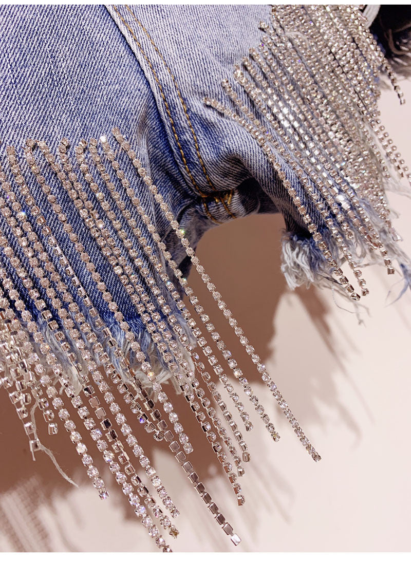 Shorts denim frange in strass