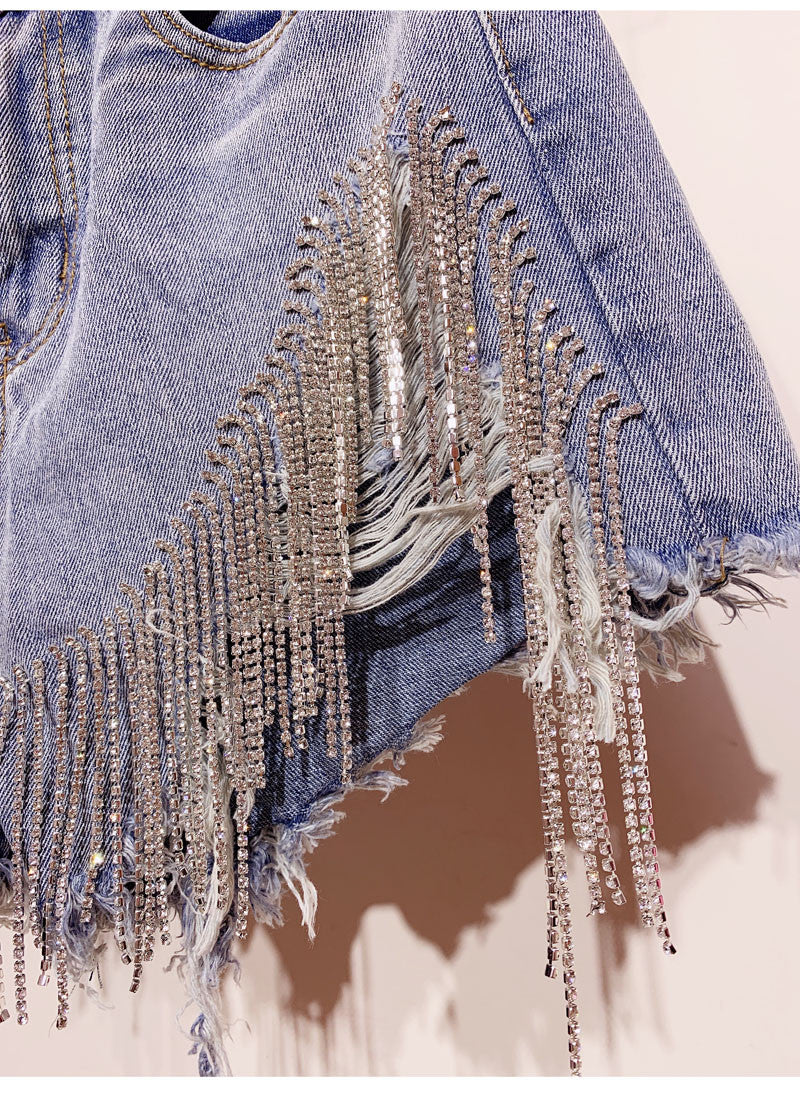 Shorts denim frange in strass