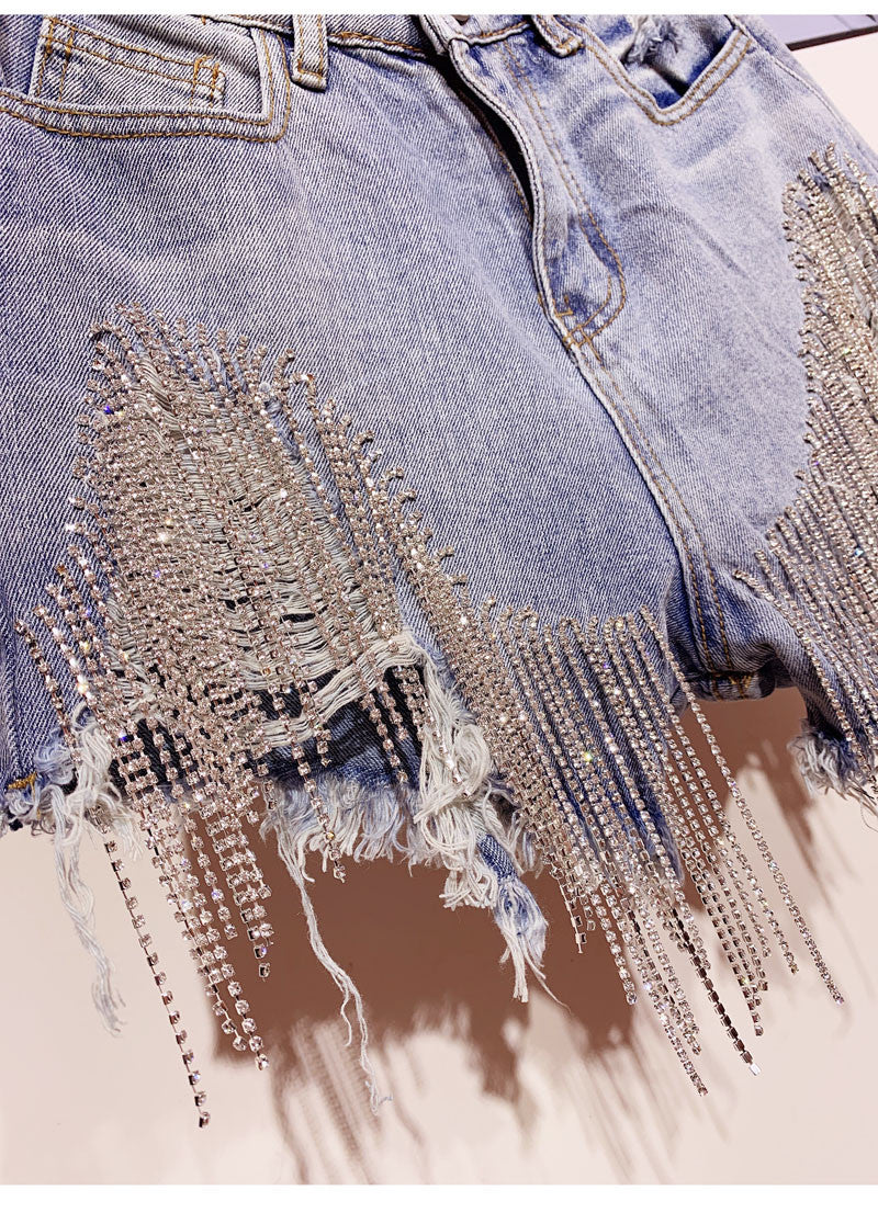 Shorts denim frange in strass