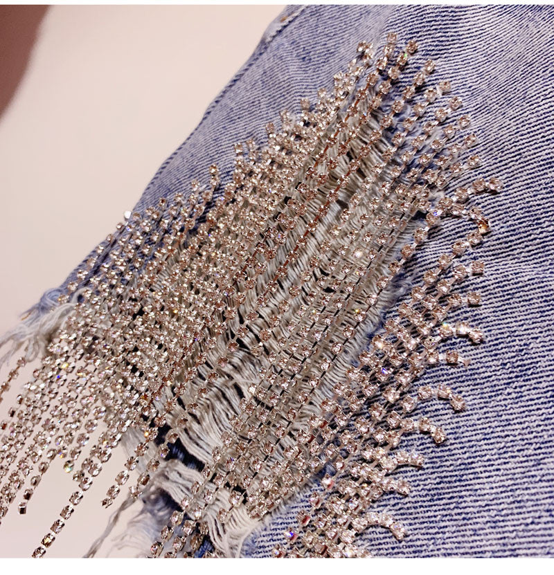 Shorts denim frange in strass