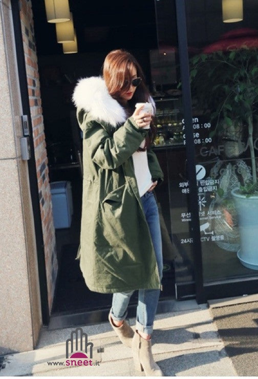 Parka lungo cappuccio bianco