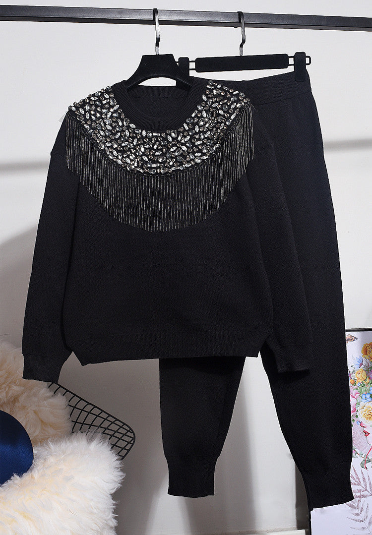 Tuta in maglia fringe & strass