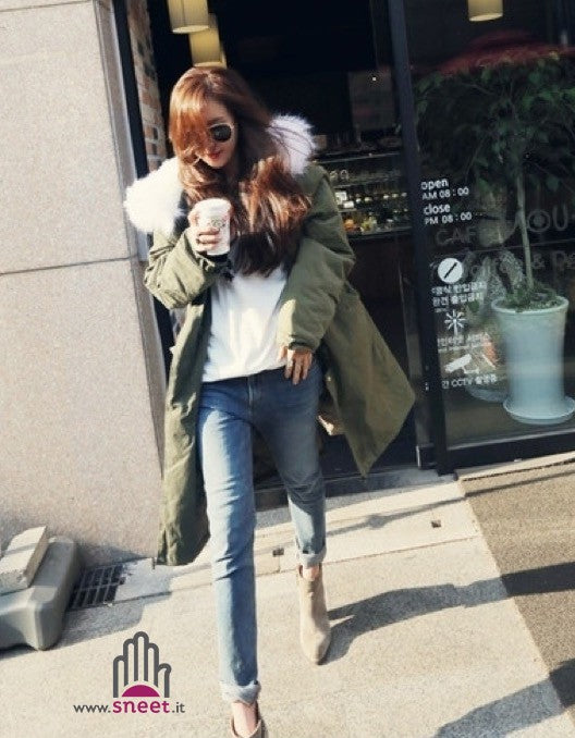 Parka lungo cappuccio bianco