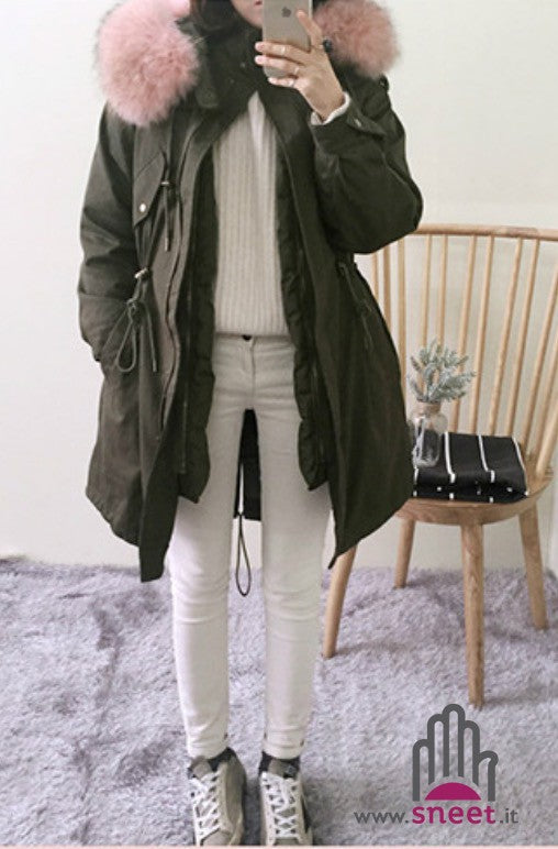 Parka lungo cappuccio rosa