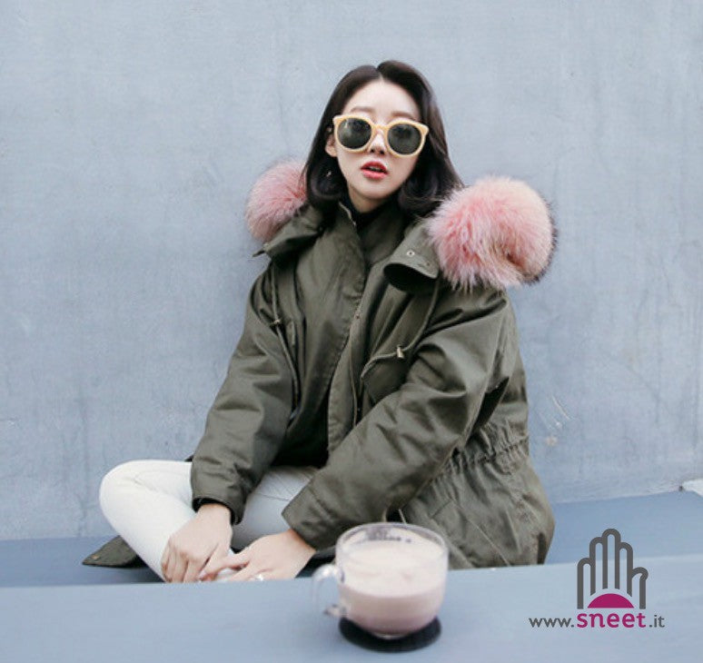 Parka lungo cappuccio rosa