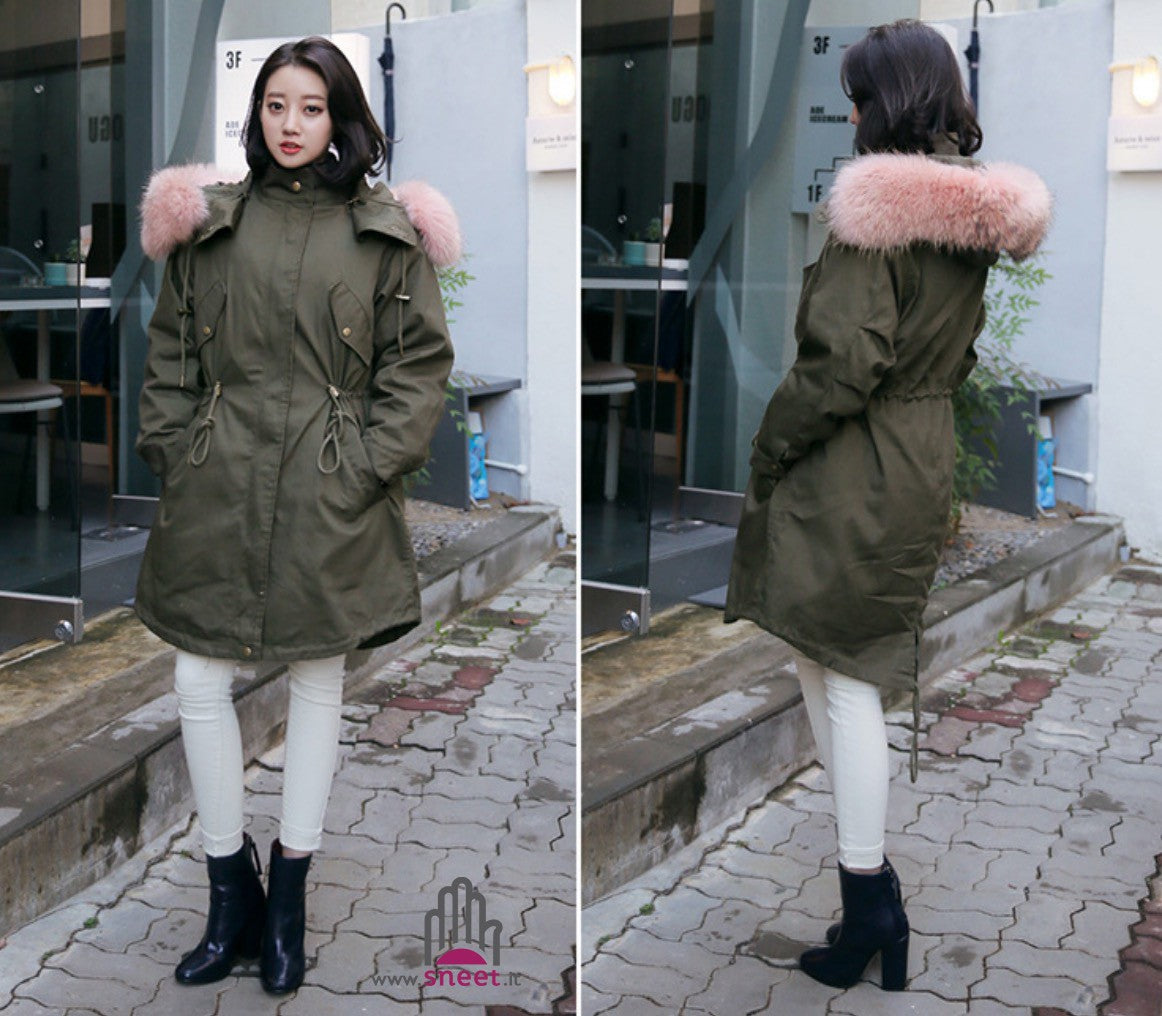 Parka lungo cappuccio rosa