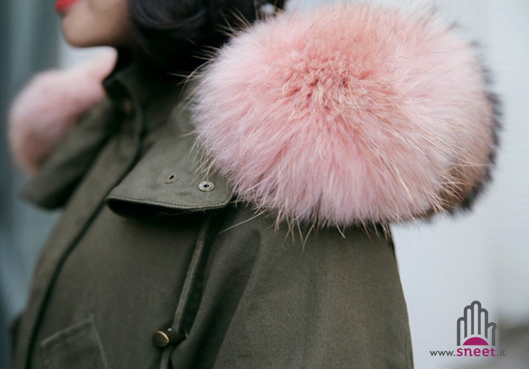 Parka lungo cappuccio rosa