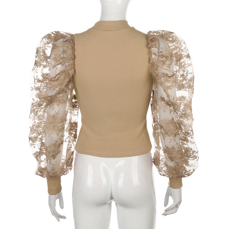 Maglia maniche a sbuffo pizzo rose