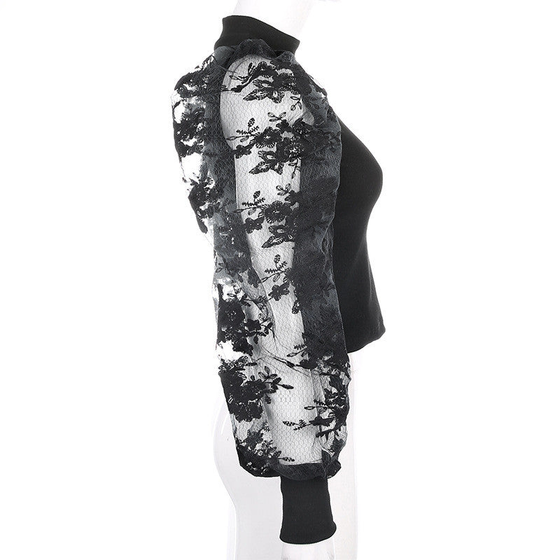 Maglia maniche a sbuffo pizzo rose