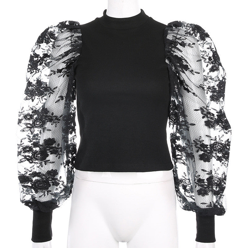 Maglia maniche a sbuffo pizzo rose