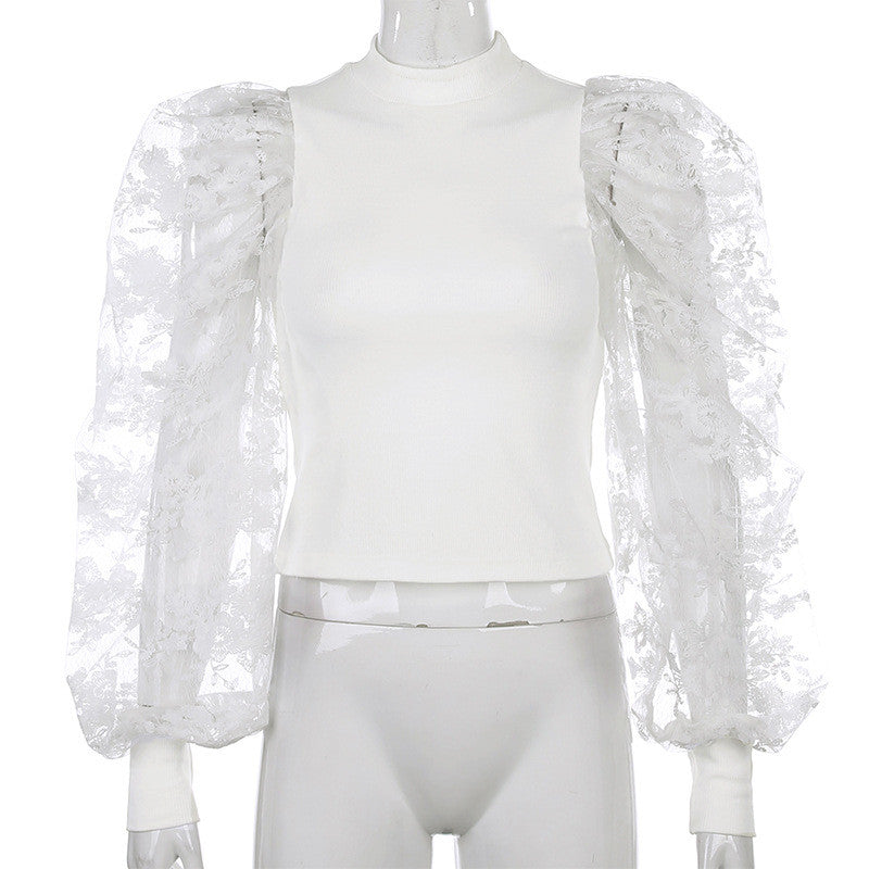 Maglia maniche a sbuffo pizzo rose