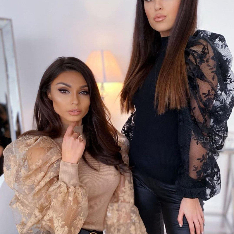 Maglia maniche a sbuffo pizzo rose