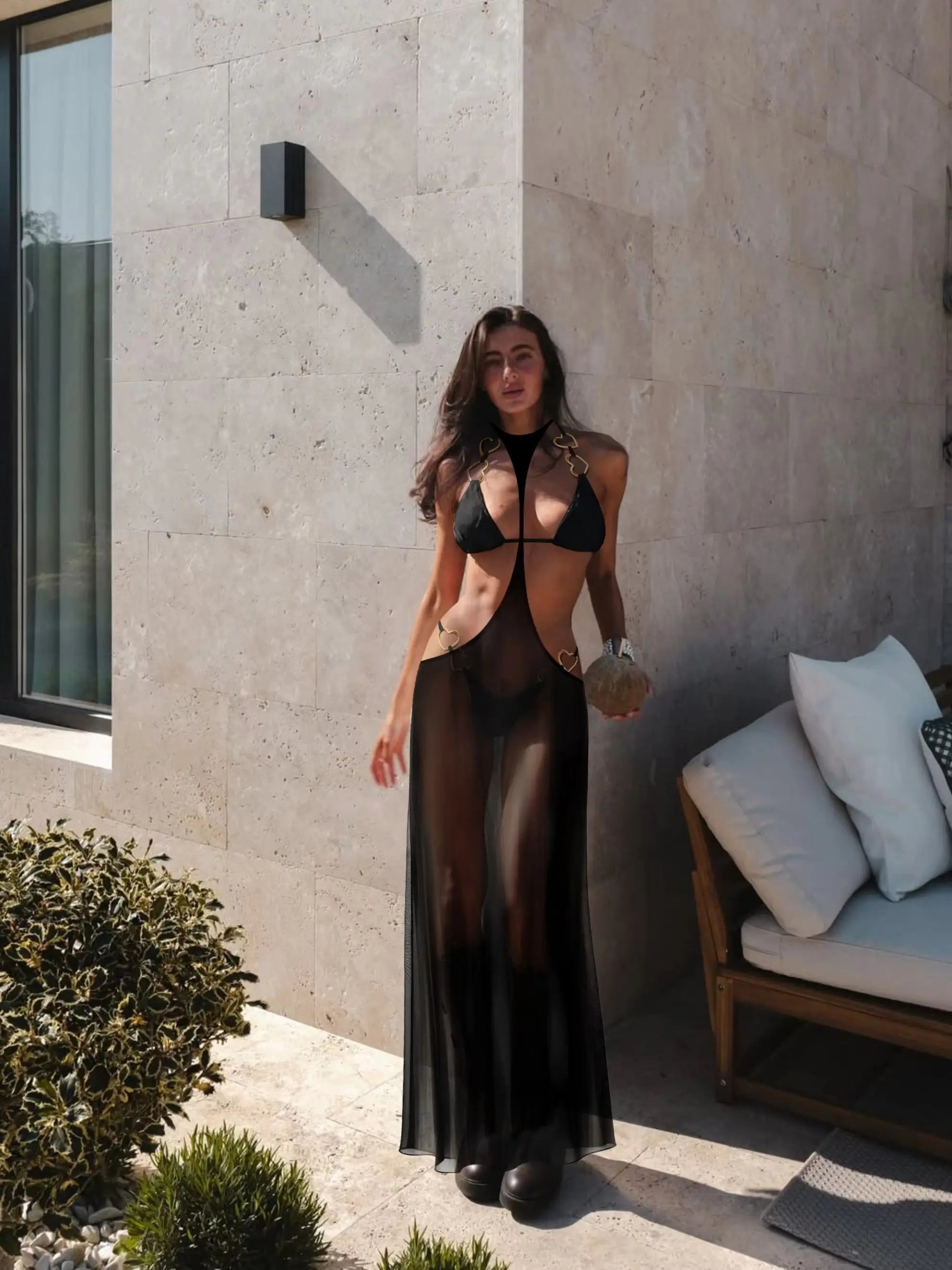 Set Lahrefia tris coordinato bikini paillettes e coverup mesh nero — Dream Shop