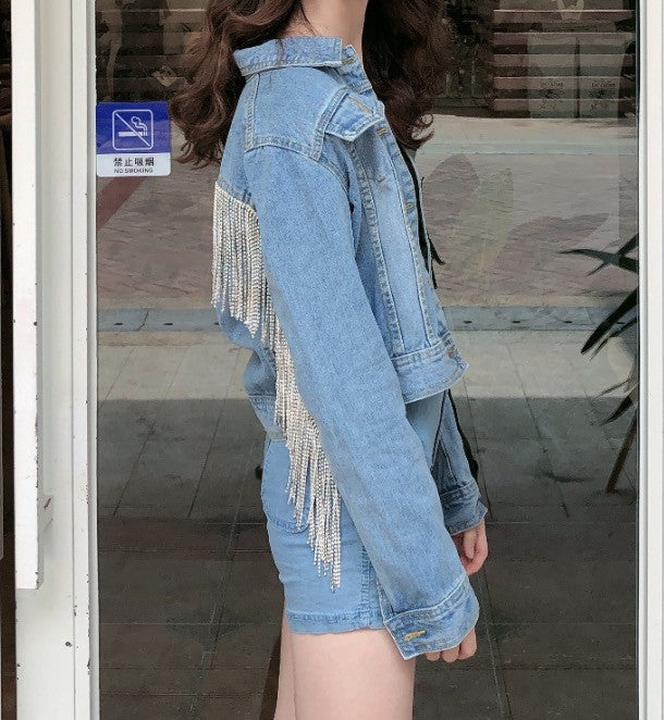 Giubbino jeans fringe strass corto