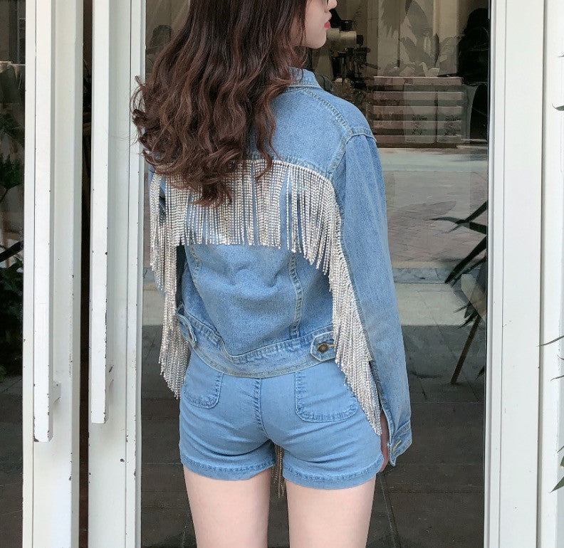 Giubbino jeans fringe strass corto