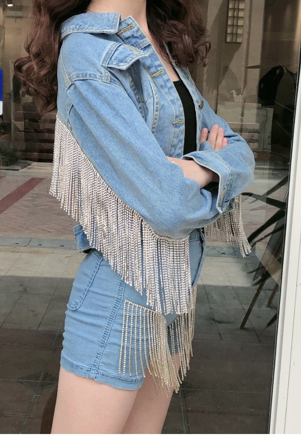 Giubbino jeans fringe strass corto