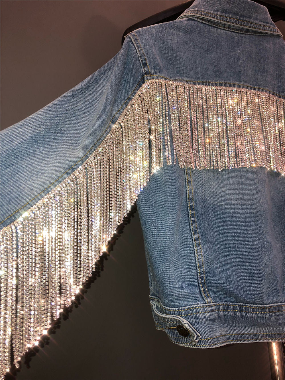 Giubbino jeans fringe strass corto